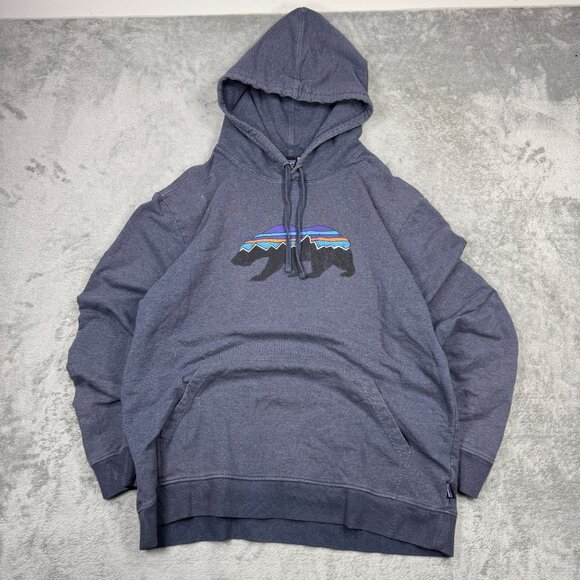 Patagonia Fitz Roy Bear Midweight Hoody Mens Stretch Blue Pullover Sweatshirt L - Picture 1 of 10